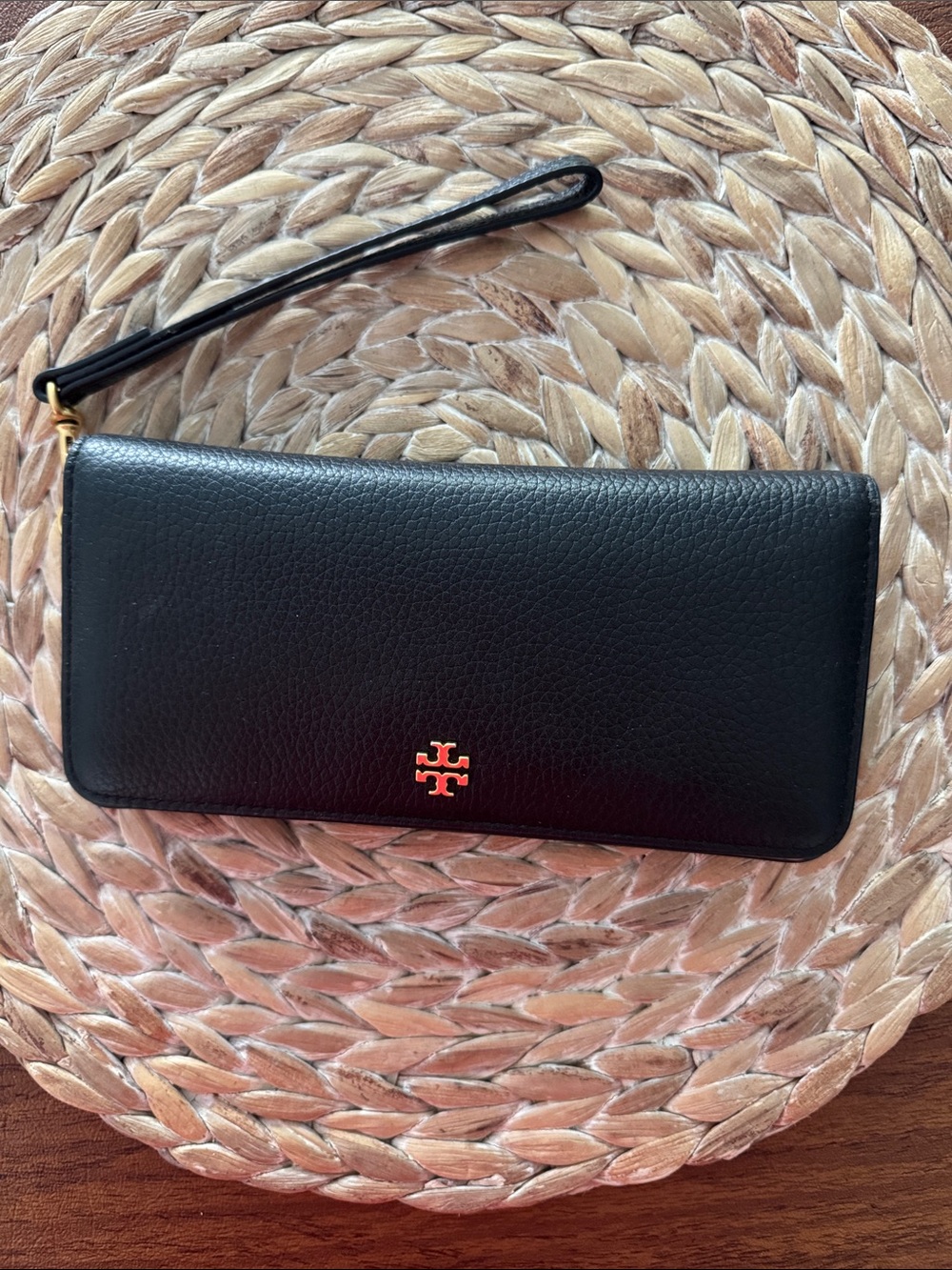 Tory Burch Black Leather Wristlet with Gold Logo